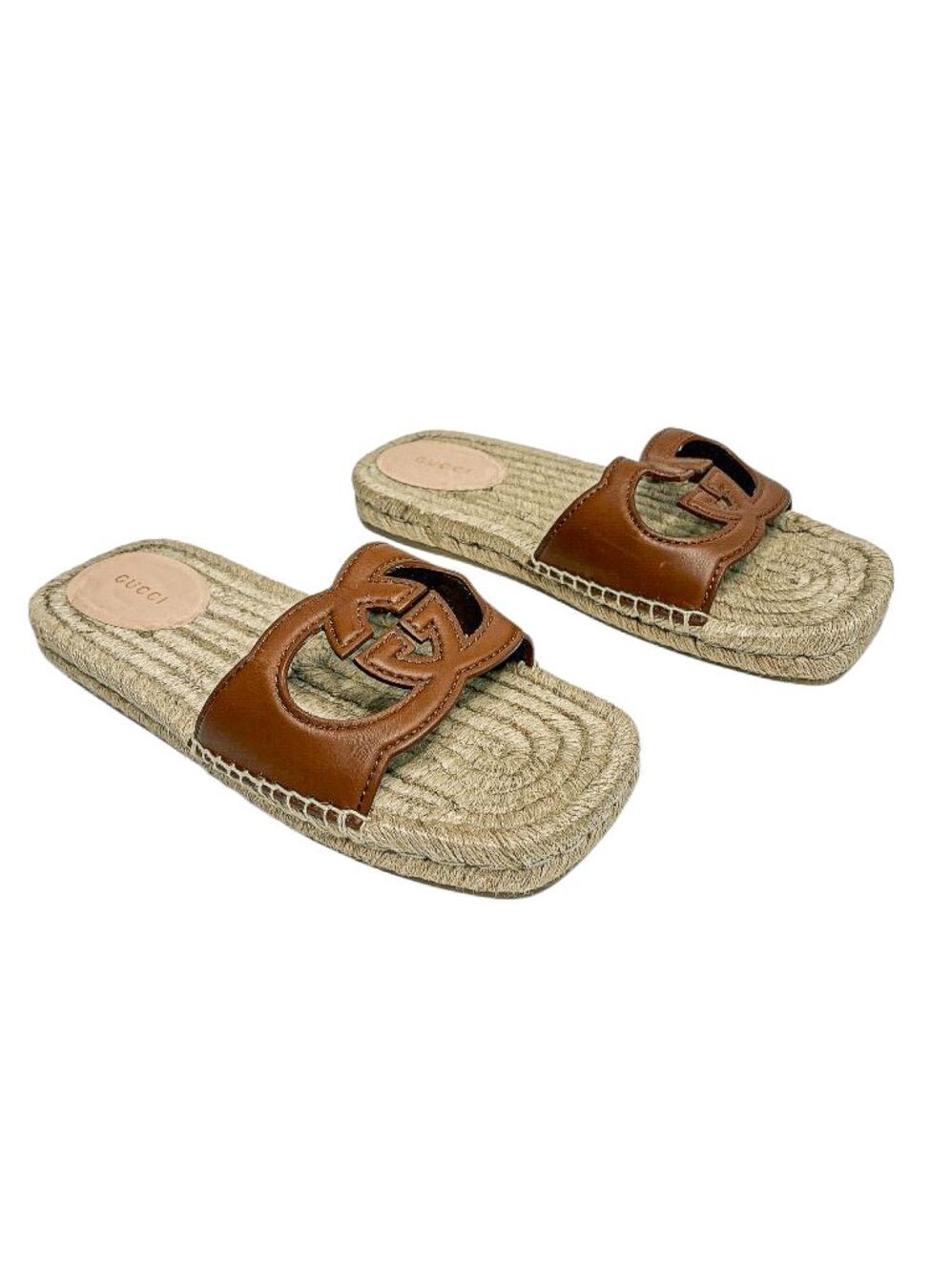 Gucci Cosmos Softy Sandal Brown Leather Interlocking G Espadrille Slides EU 37